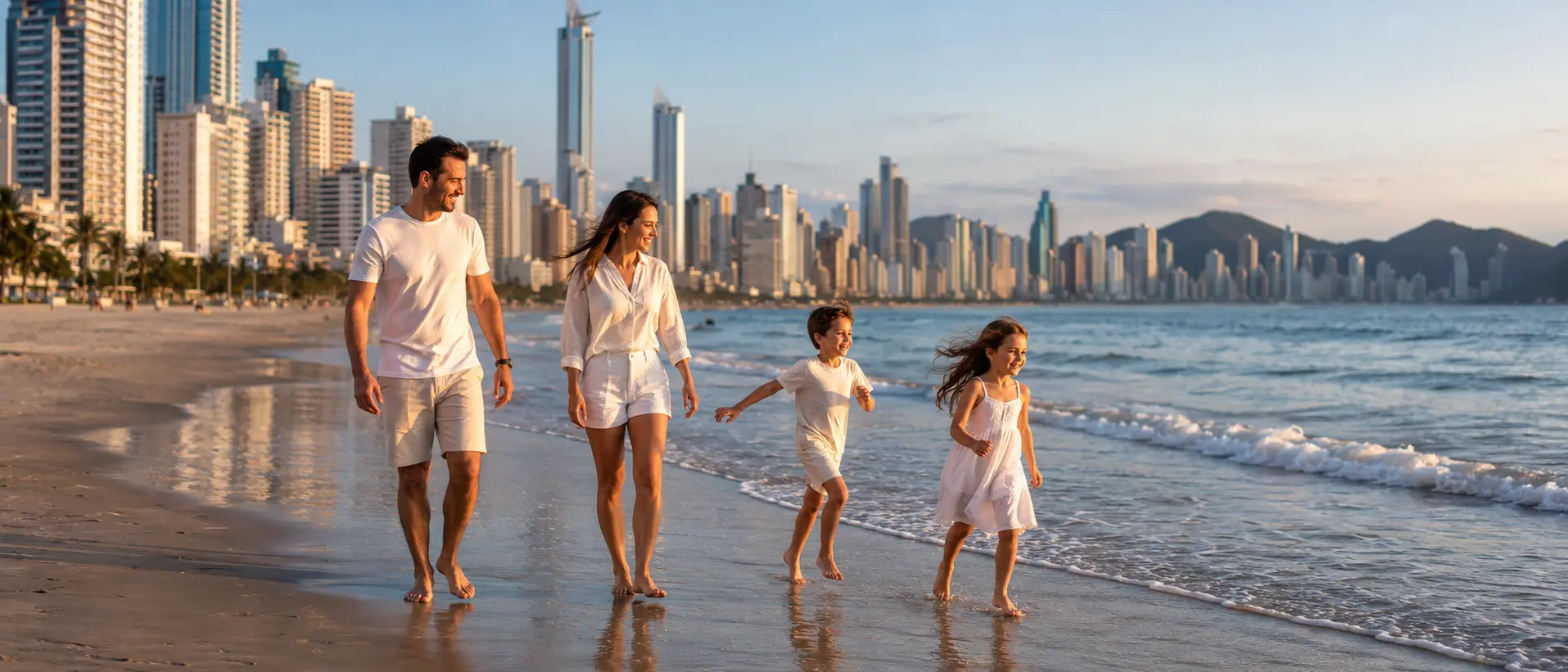 Família caminhando na Praia Central de Balneário Camboriú com a orla ao fundo